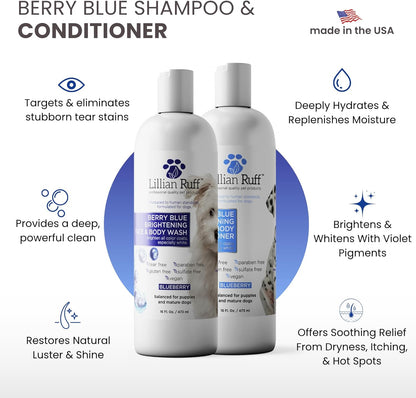 Lillian Ruff dog brightening shampoo and conditioner bottles showing blueberry extract details