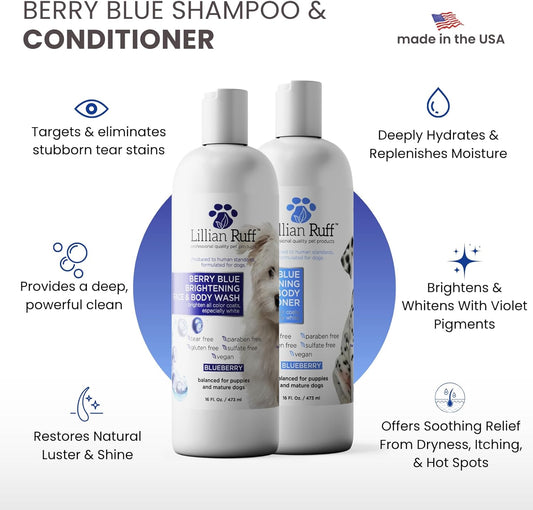 Lillian Ruff dog brightening shampoo and conditioner bottles showing blueberry extract details
