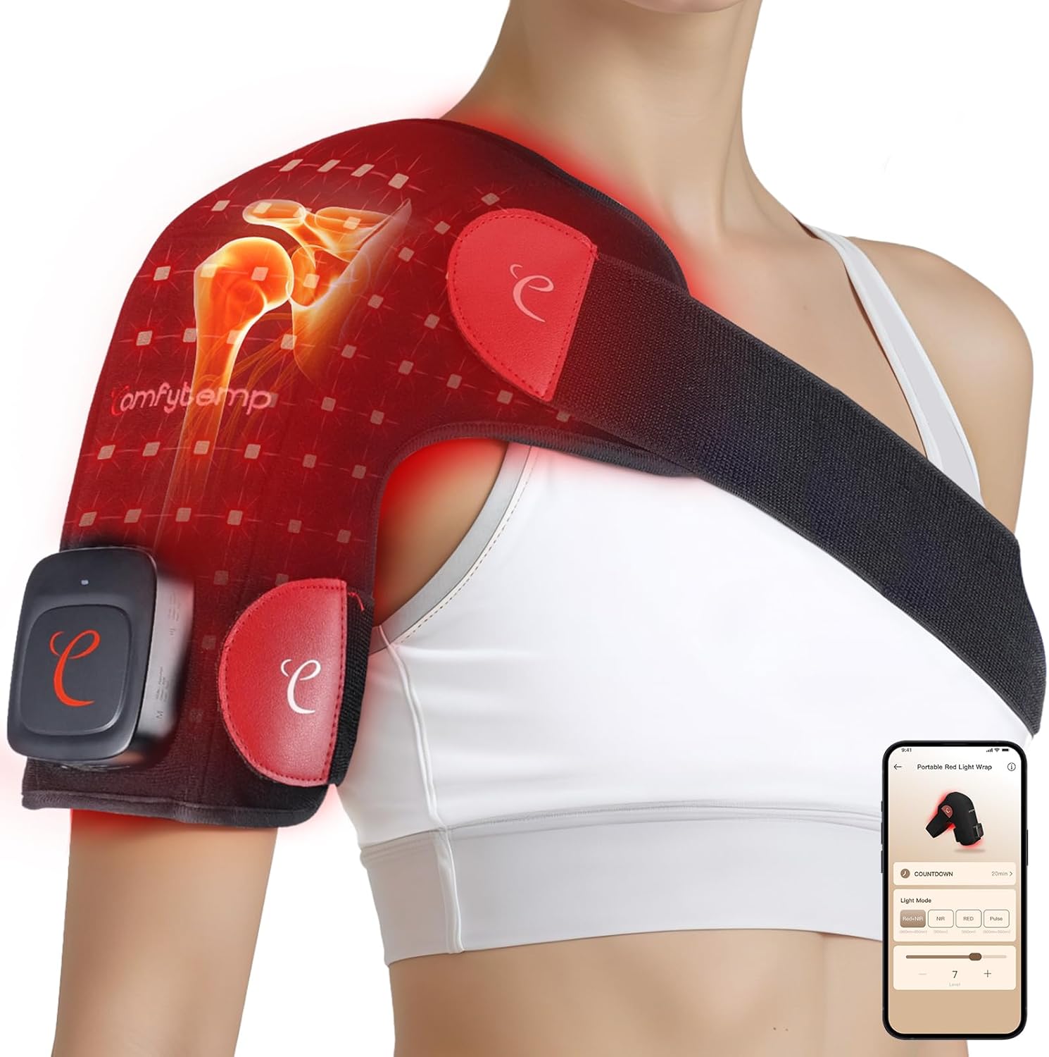 Comfytemp Cordless Red Light Therapy Shoulder Wrap front view showing ergonomic 3D design for joint pain relief.