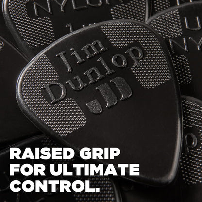 Jim Dunlop 44P38 nylon plectrums showing the raised tactile logo grip surface.