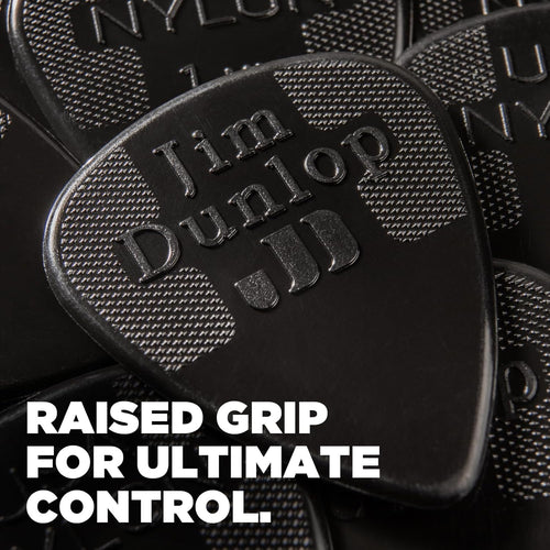 Jim Dunlop 44P38 nylon plectrums showing the raised tactile logo grip surface.