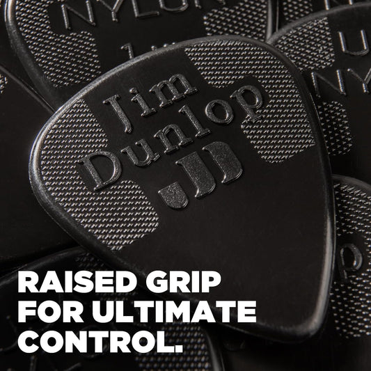 Jim Dunlop 44P38 nylon plectrums showing the raised tactile logo grip surface.