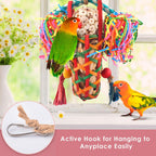 Side profile of colorful crinkly paper bird enrichment toy