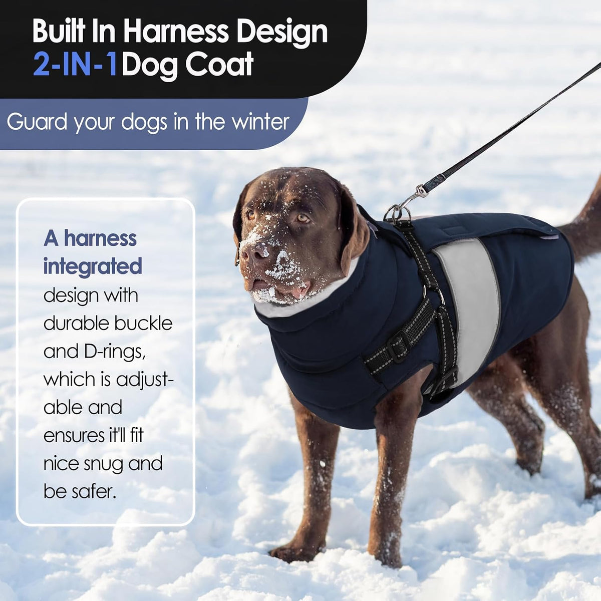Large dog winter jacket with integrated harness on back