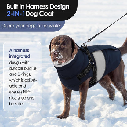 Large dog winter jacket with integrated harness on back