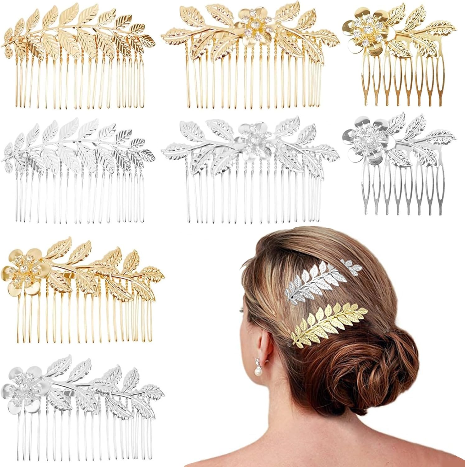 PAGOW leaf hair side combs 8 count front view featuring gold and silver bridal metal clips.