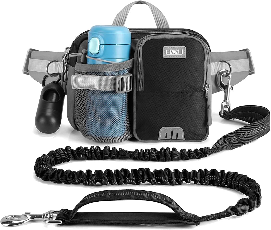 Etaccu hands free dog leash with phone pouch and bottle holder front view