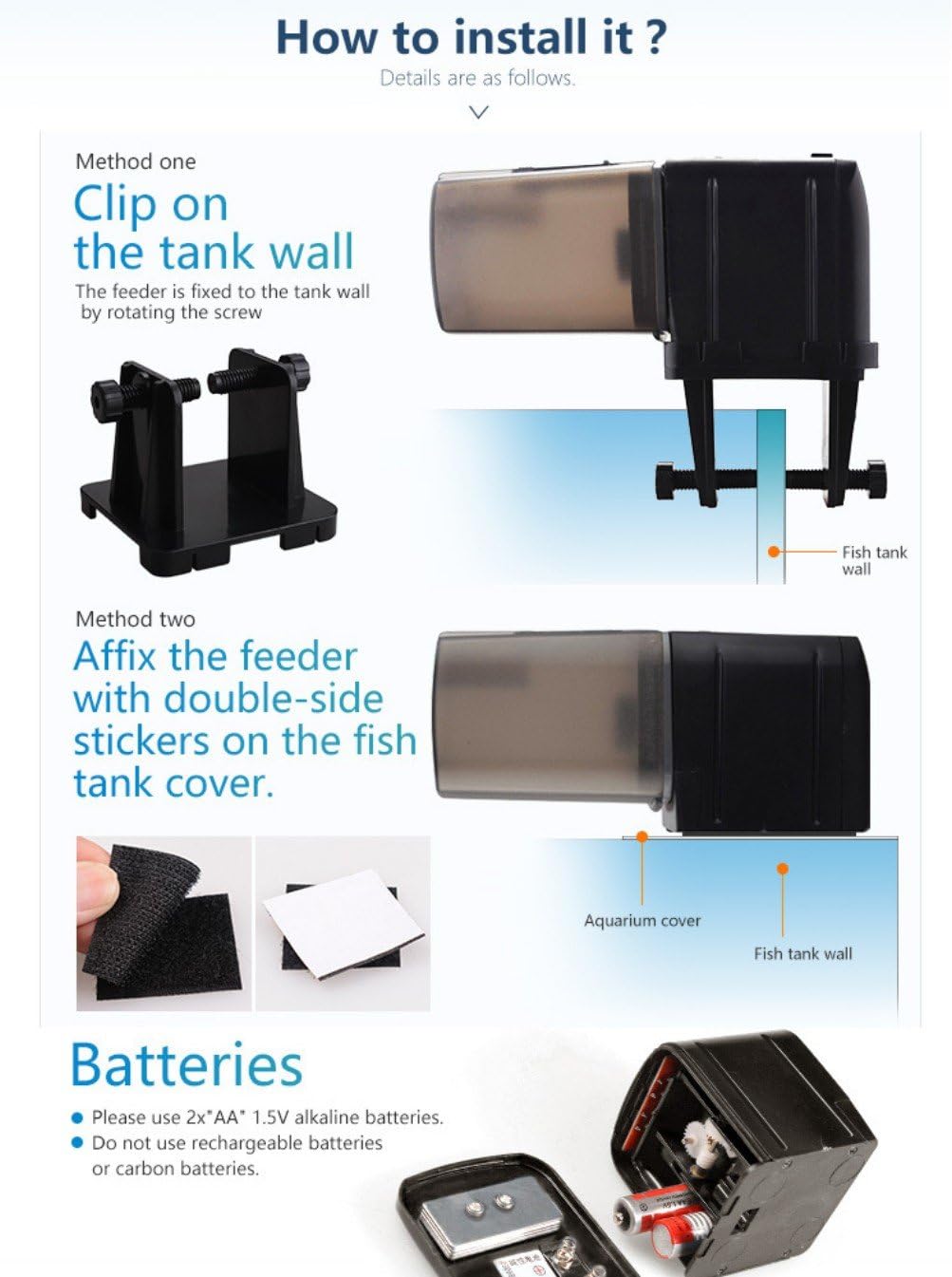 Londafish automatic vacation feeder side angle showing aquarium rim mounting bracket setup