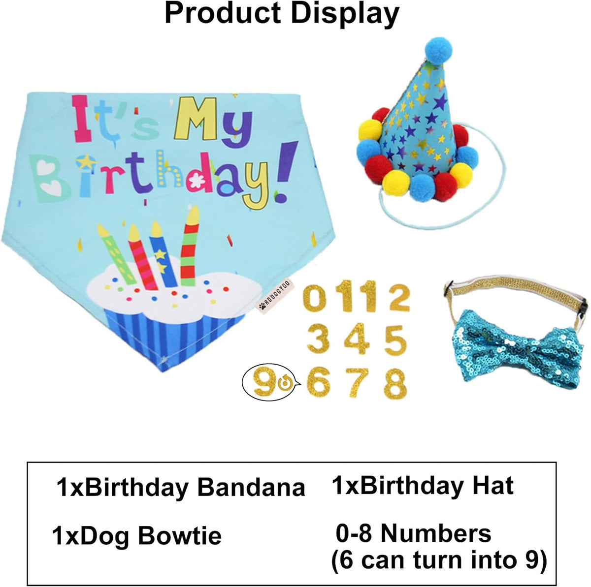 ADOGGYGO medium large breed dog birthday accessory kit showing neck strap flexibility