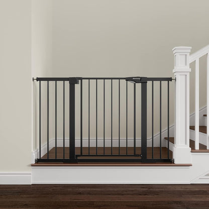 Mumeasy extra wide pressure mounted baby gate front view in black installed in a wide doorway