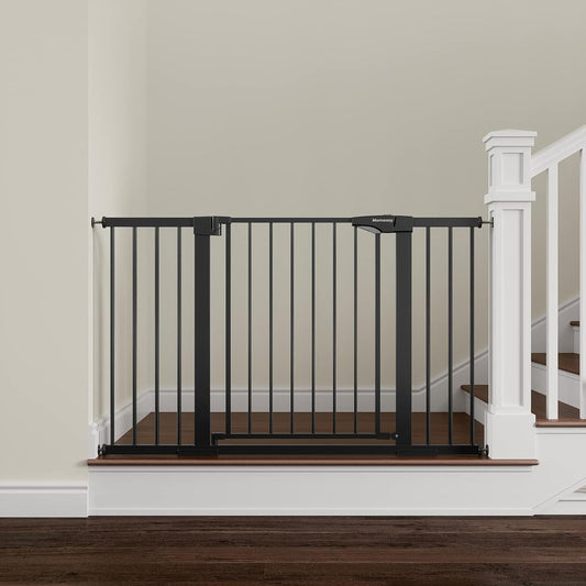 Mumeasy extra wide pressure mounted baby gate front view in black installed in a wide doorway