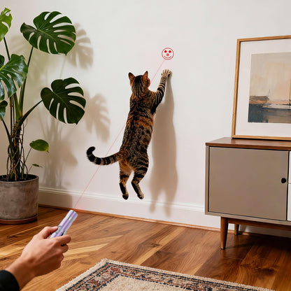 An indoor cat actively chasing the red mouse pattern projected by the OUMSIS pointer.