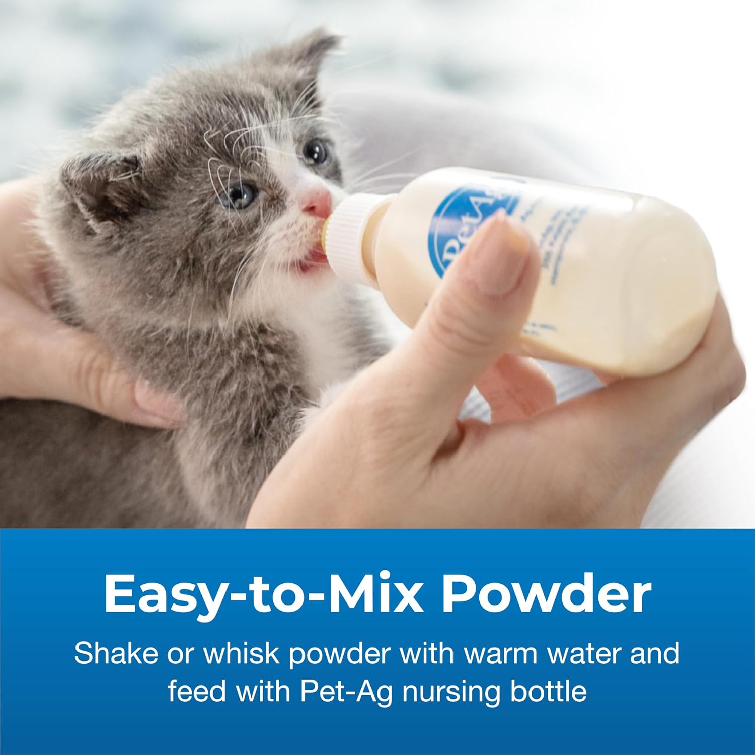 Step-by-step mixing instructions for PetAg KMR powdered milk replacer