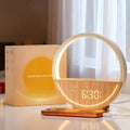 Vivilumens Sunrise Alarm Clock in white showing front digital display with circular wake up light ring illuminated