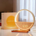 Vivilumens Sunrise Alarm Clock in white showing front digital display with circular wake up light ring illuminated