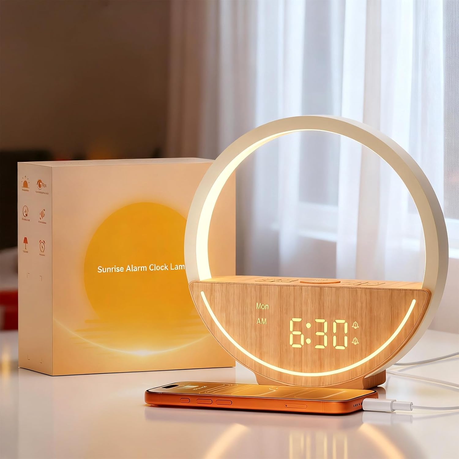 Vivilumens Sunrise Alarm Clock in white showing front digital display with circular wake up light ring illuminated