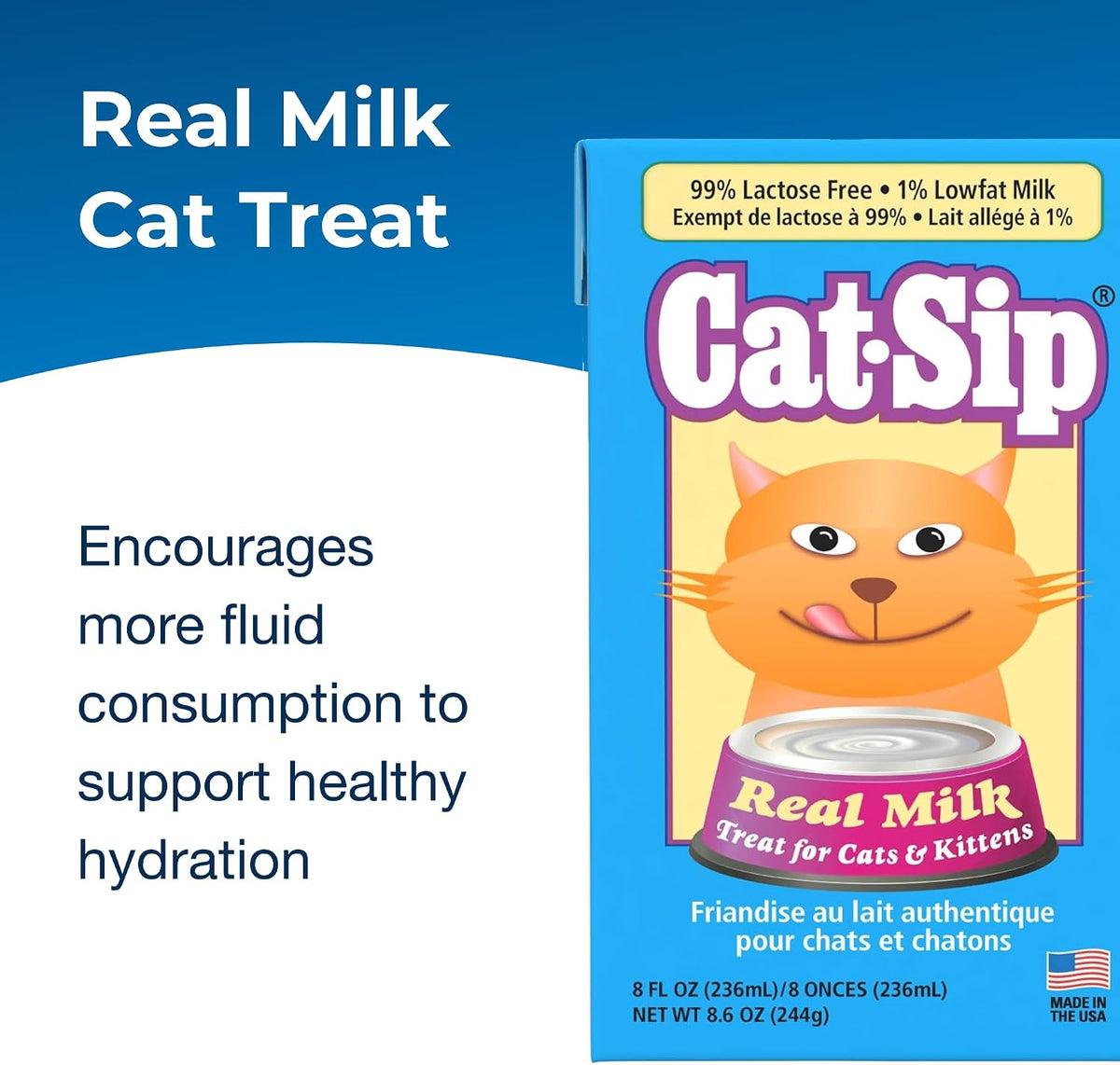 Cat-Sip lactose free real milk treat container highlighting taurine benefits for felines.