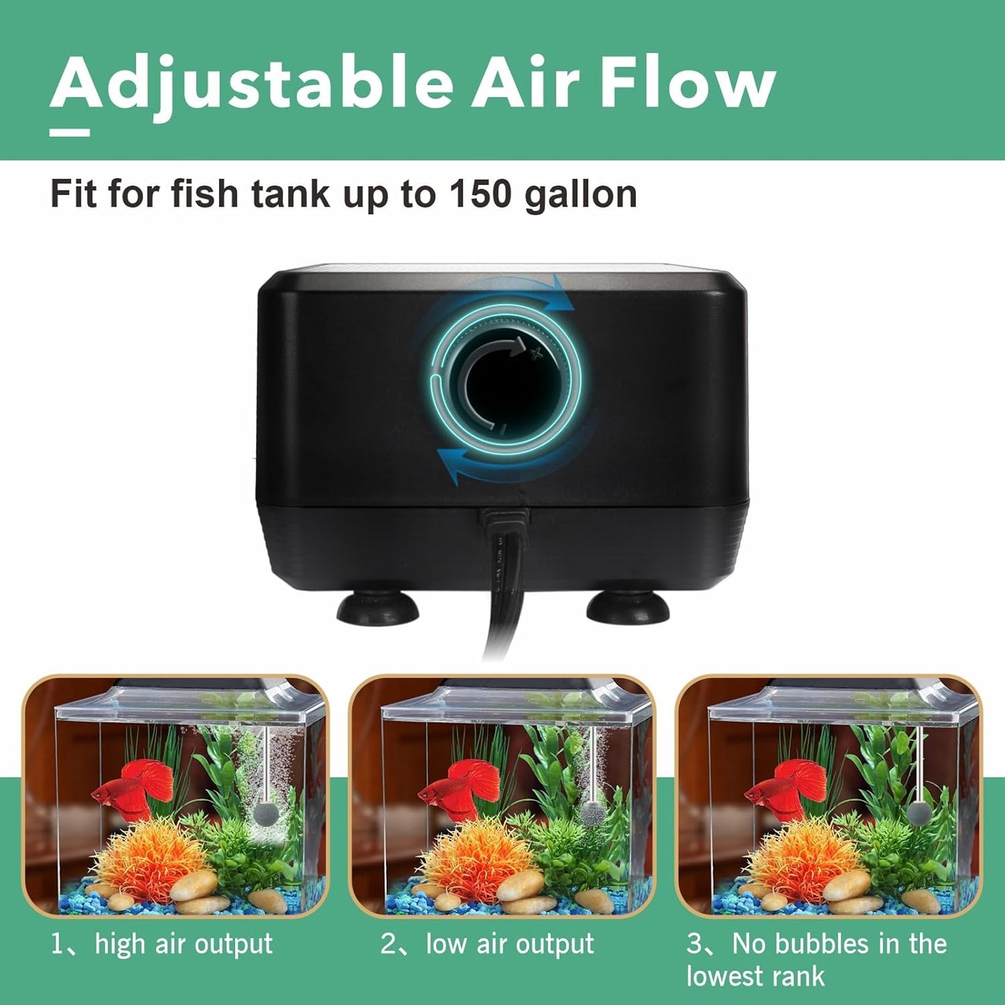 hygger 5W/10W Ultra Quiet Aquarium Air Pump, Adjustable Oxygen Aerator with Dual Outlets - 160 GPH/250 GPH for Fish Tanks up to 150 Gallons/600 Gallons - Image 2