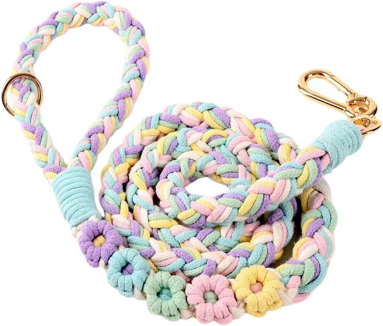 Handmade 5ft Braided Cotton Dog Leash with Unique Floral Handle, Durable and Stylish, Ideal for Small to Large Dogs,Rainbow Mix - Image 14