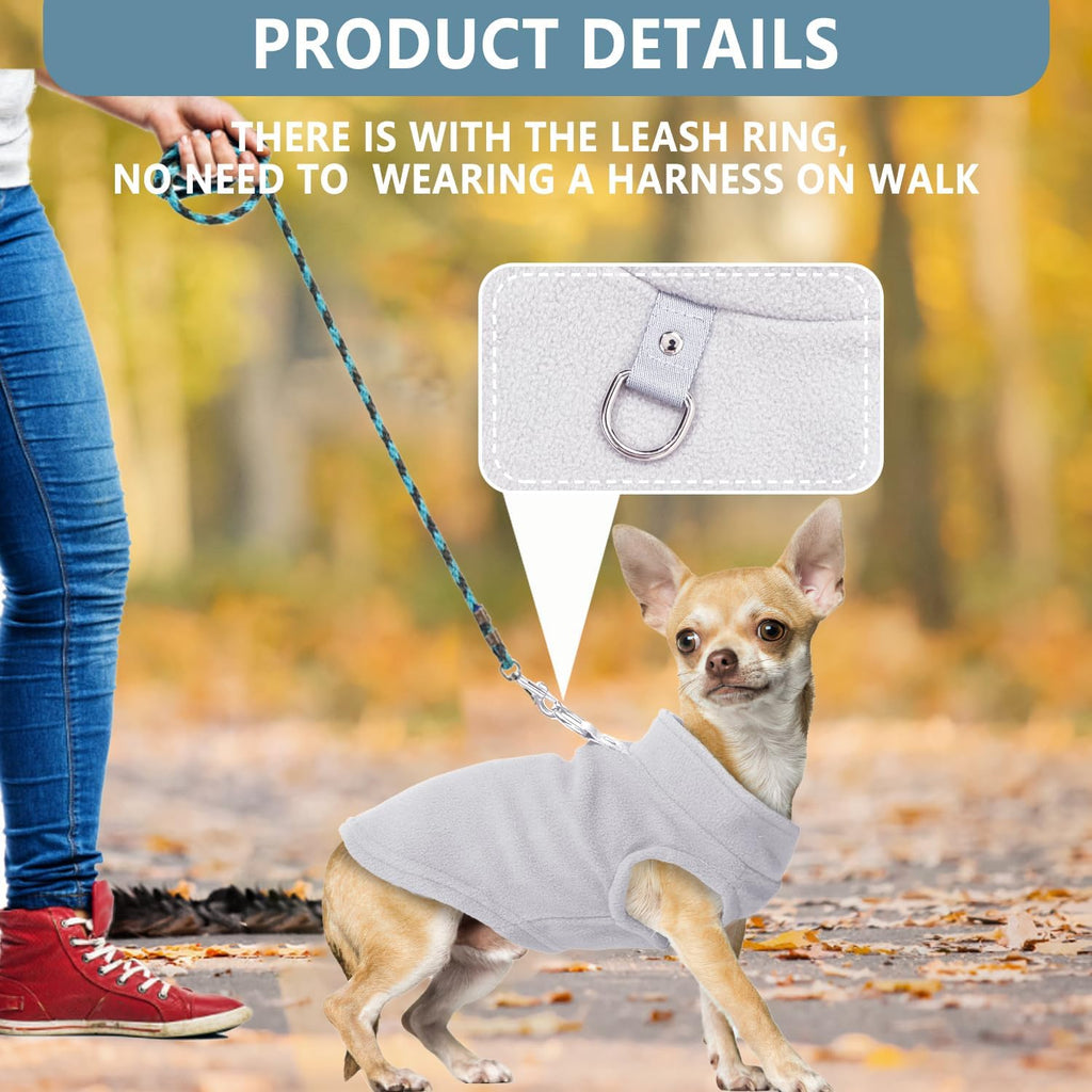 Back view of the blue and gray fleece pet sweaters illustrating the high belly cut design.