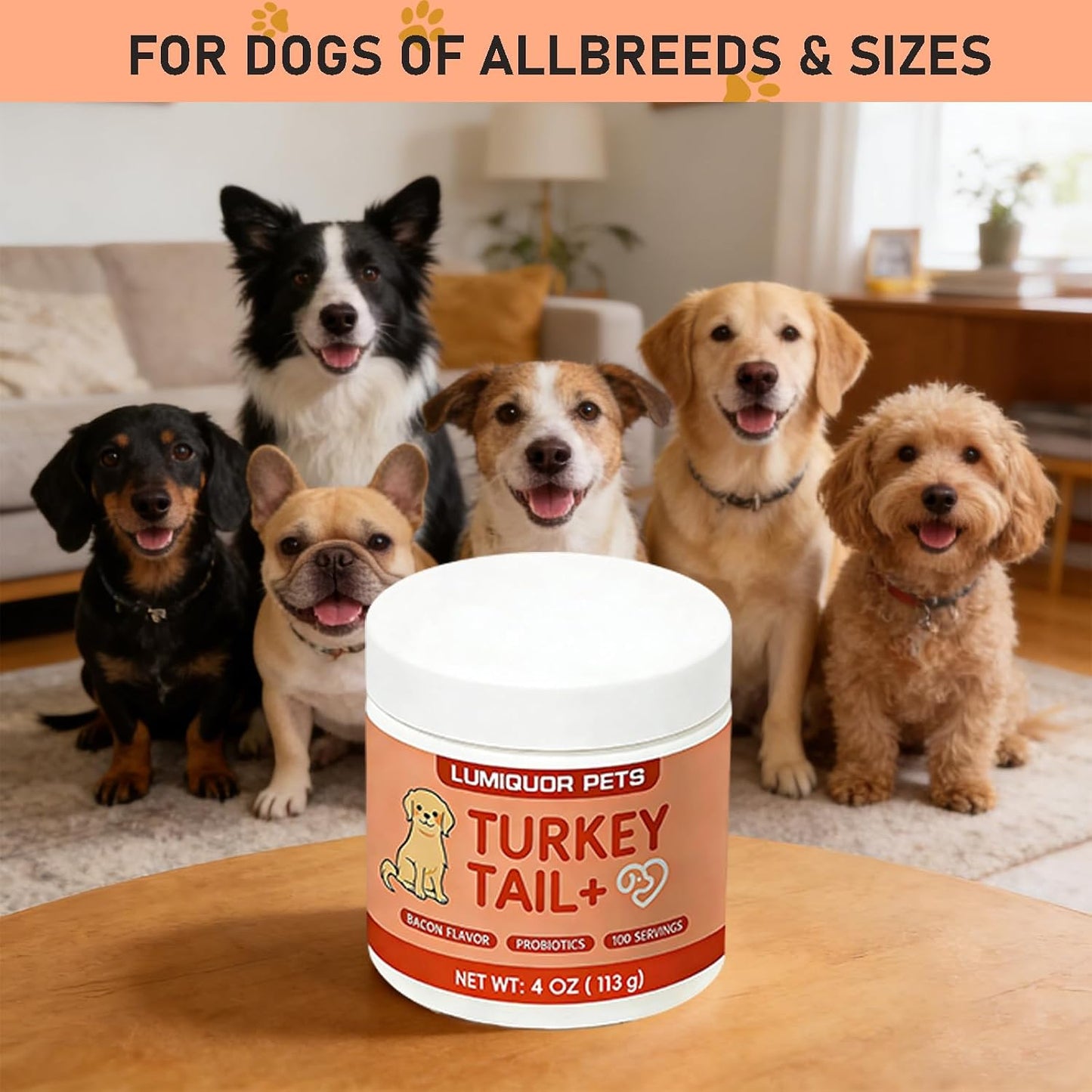 Bacon flavored turkey tail powder for dogs highlighting gut and skin benefits