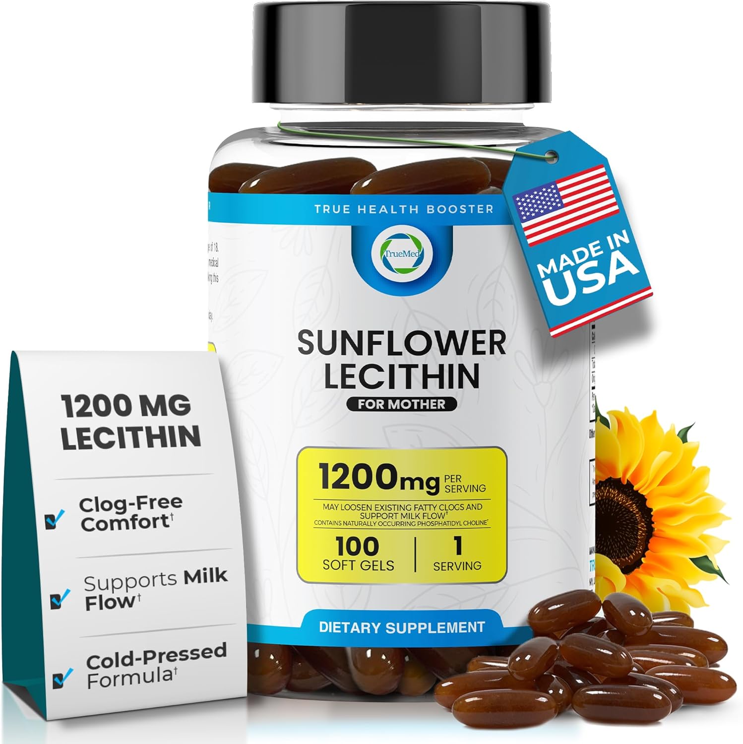 TrueMed Organic Sunflower Lecithin 1200mg bottle front view displaying breastfeeding support label