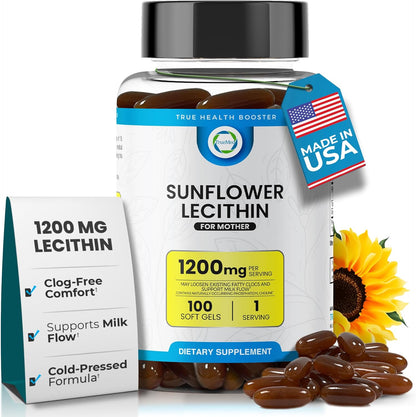 TrueMed Organic Sunflower Lecithin 1200mg bottle front view displaying breastfeeding support label