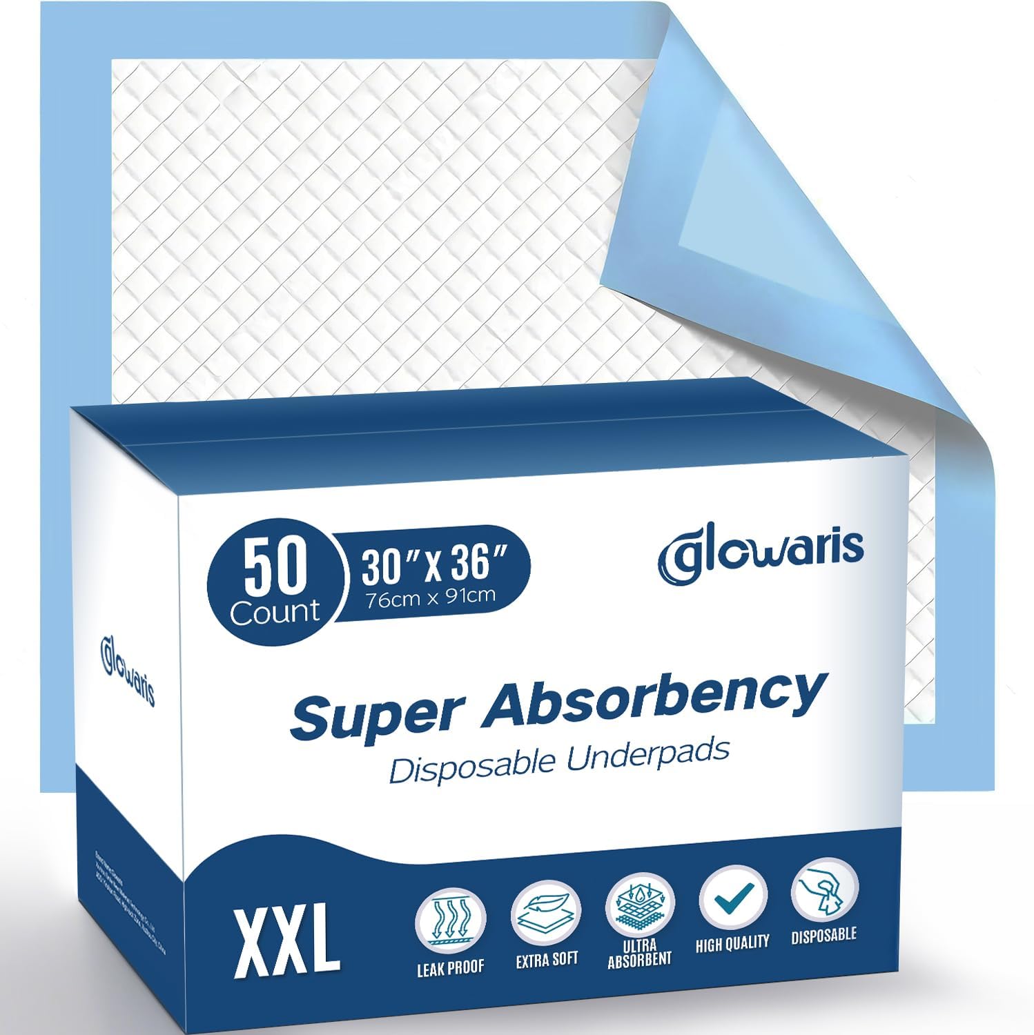 Glowaris XXL disposable underpads 50 count box front view