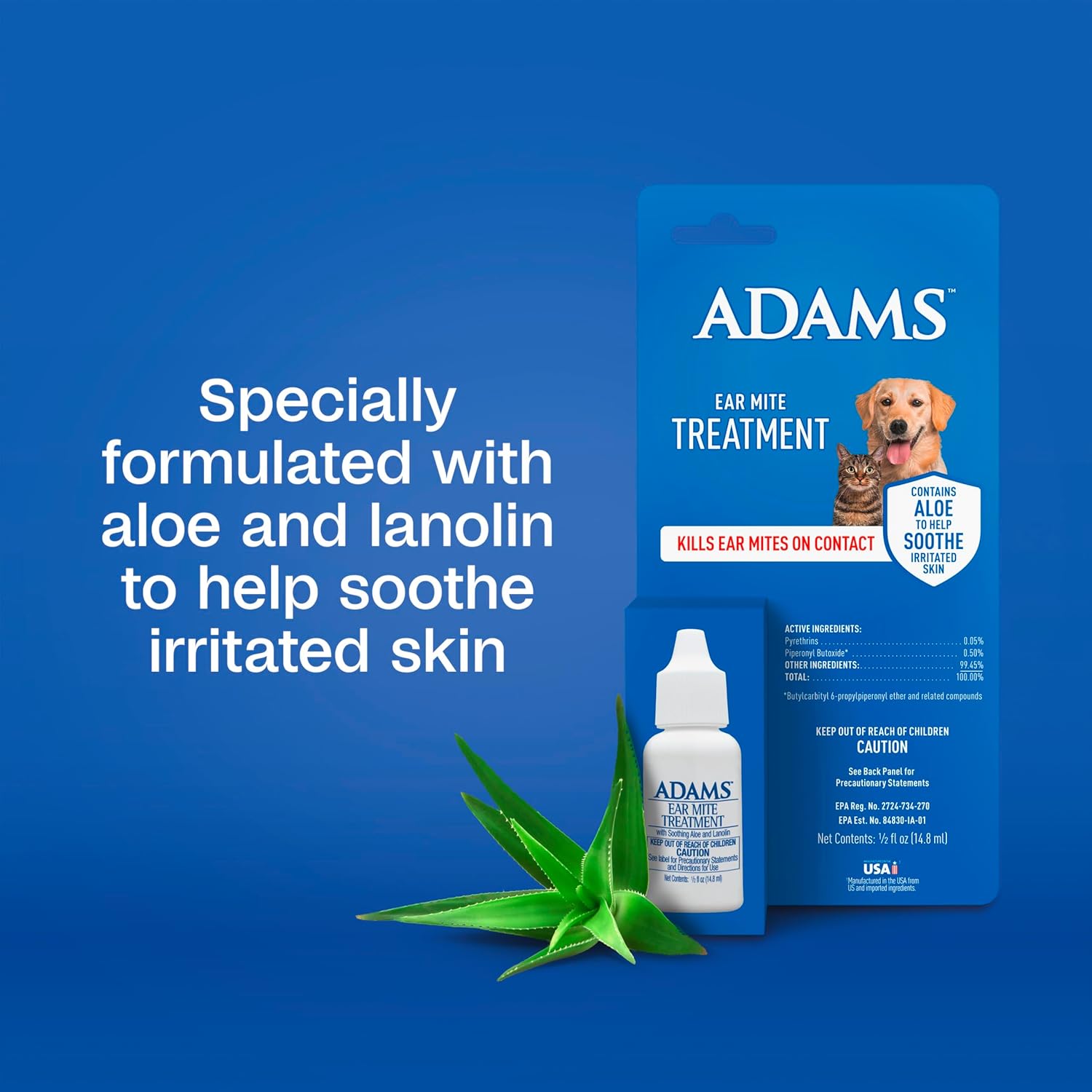 Reverse side of Adams Ear Mite Treatment packaging with ingredients