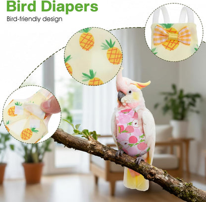 Four pack of soft fabric bird clothes with peach orange lemon and cherry designs