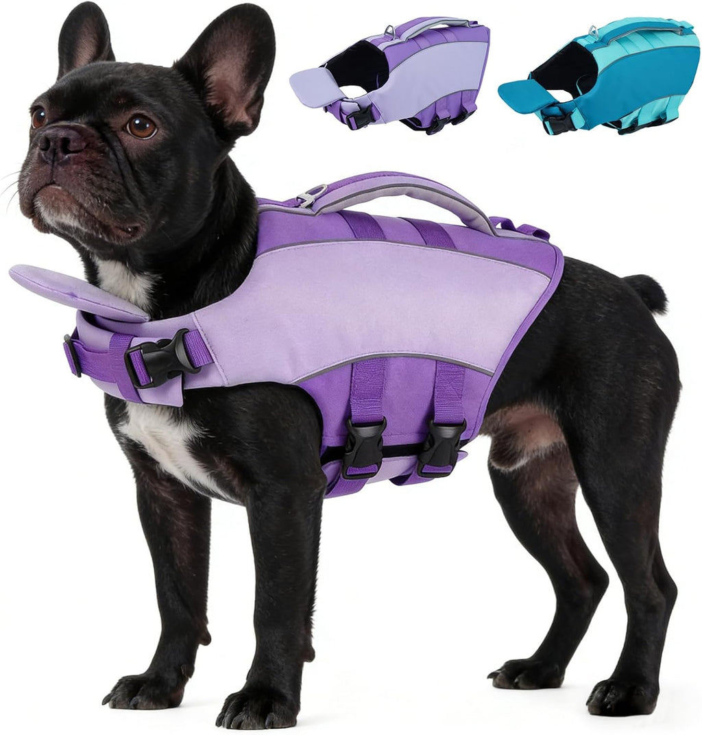 Kuoser dog life jacket front view showing purple extra small size pet safety vest.