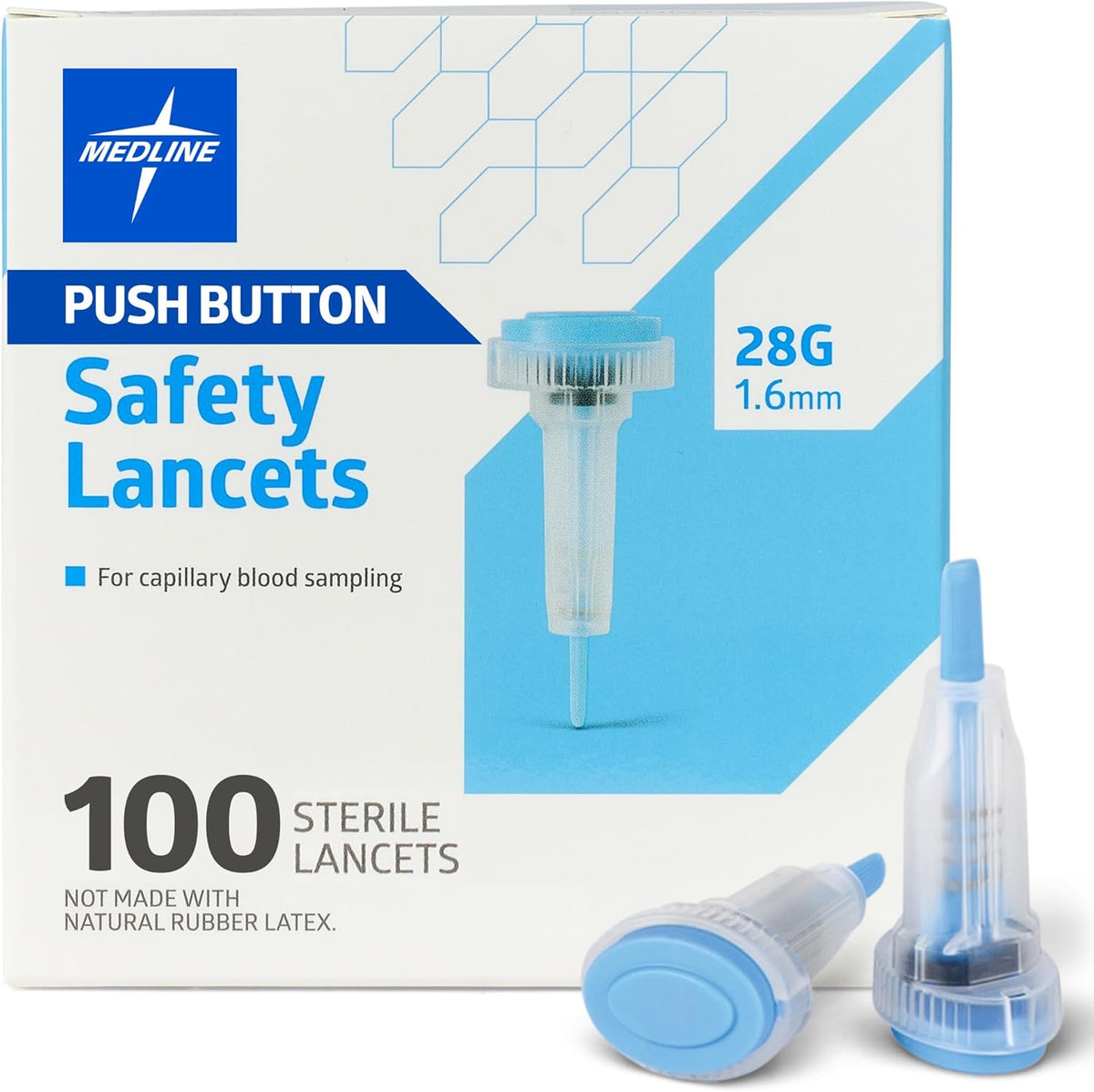 Medline Sterile Safety Lancets box front view for diabetic blood glucose testing.