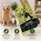 Eco friendly d2w technology emblem on the flat bottom of an open green pet pickup bag.