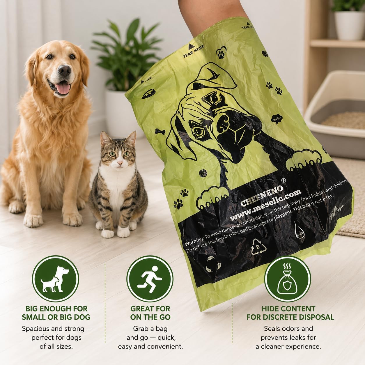 Eco friendly d2w technology emblem on the flat bottom of an open green pet pickup bag.