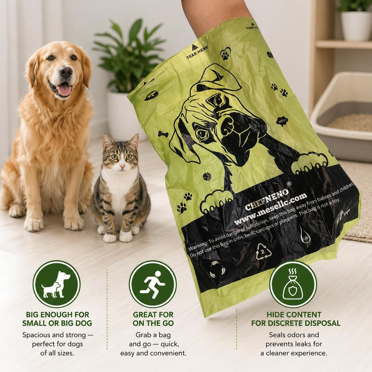 Eco friendly d2w technology emblem on the flat bottom of an open green pet pickup bag.