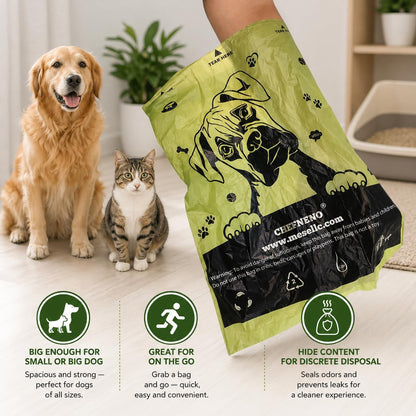 Eco friendly d2w technology emblem on the flat bottom of an open green pet pickup bag.