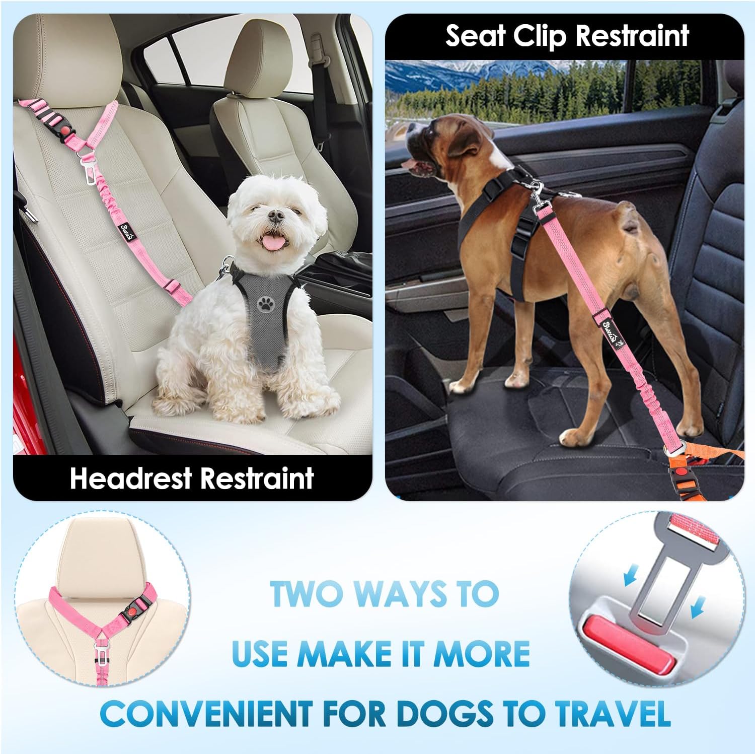Dog wearing harness connected to Lukovee safety leash in car