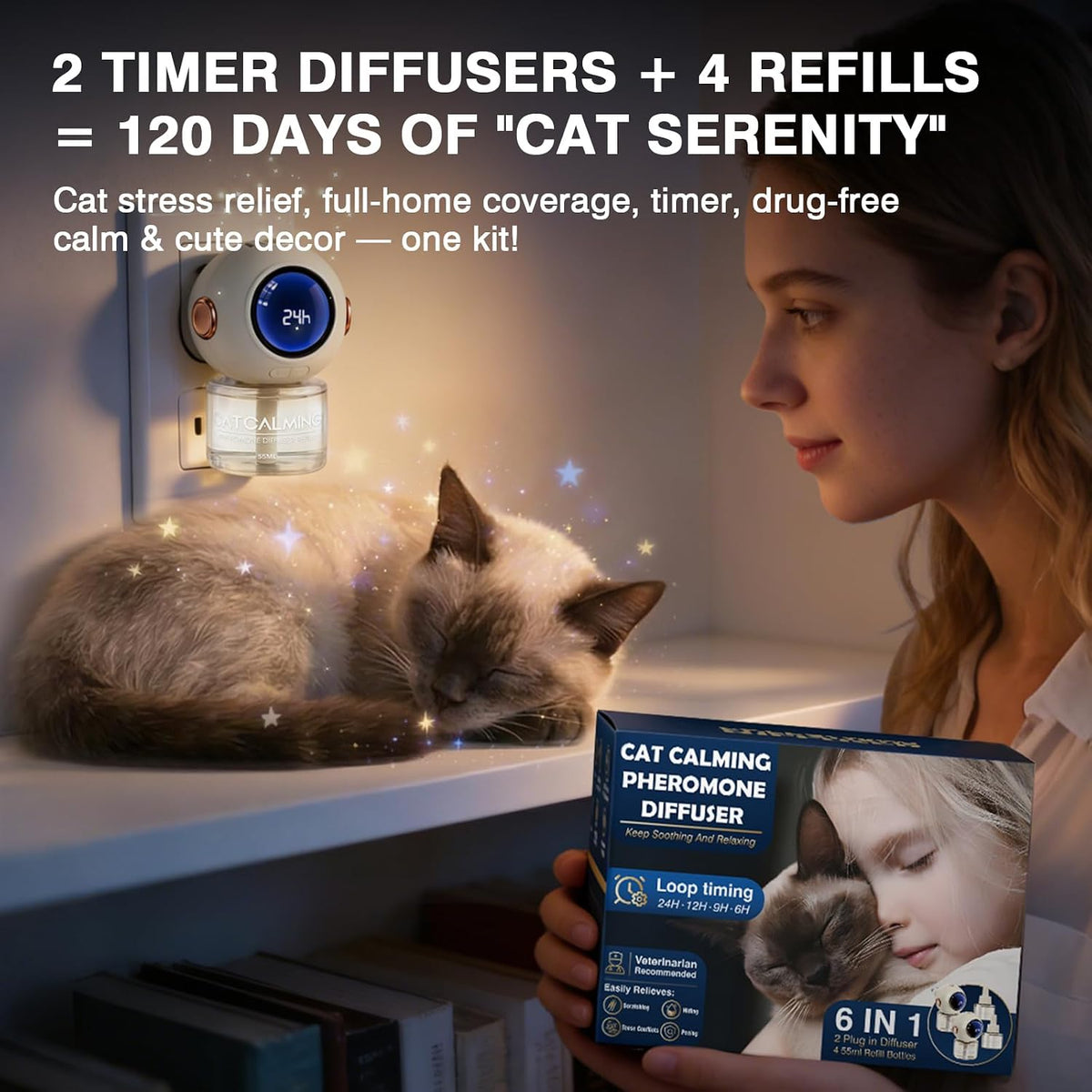 6 in 1 with Timing Function Cat Calming Diffuser Multicat Calming Pheromones Diffusers 60 Days Calm Relaxing Pheromone for Cats kit 48ml Relief Stress Anxiety Fighting Scratching - Image 9