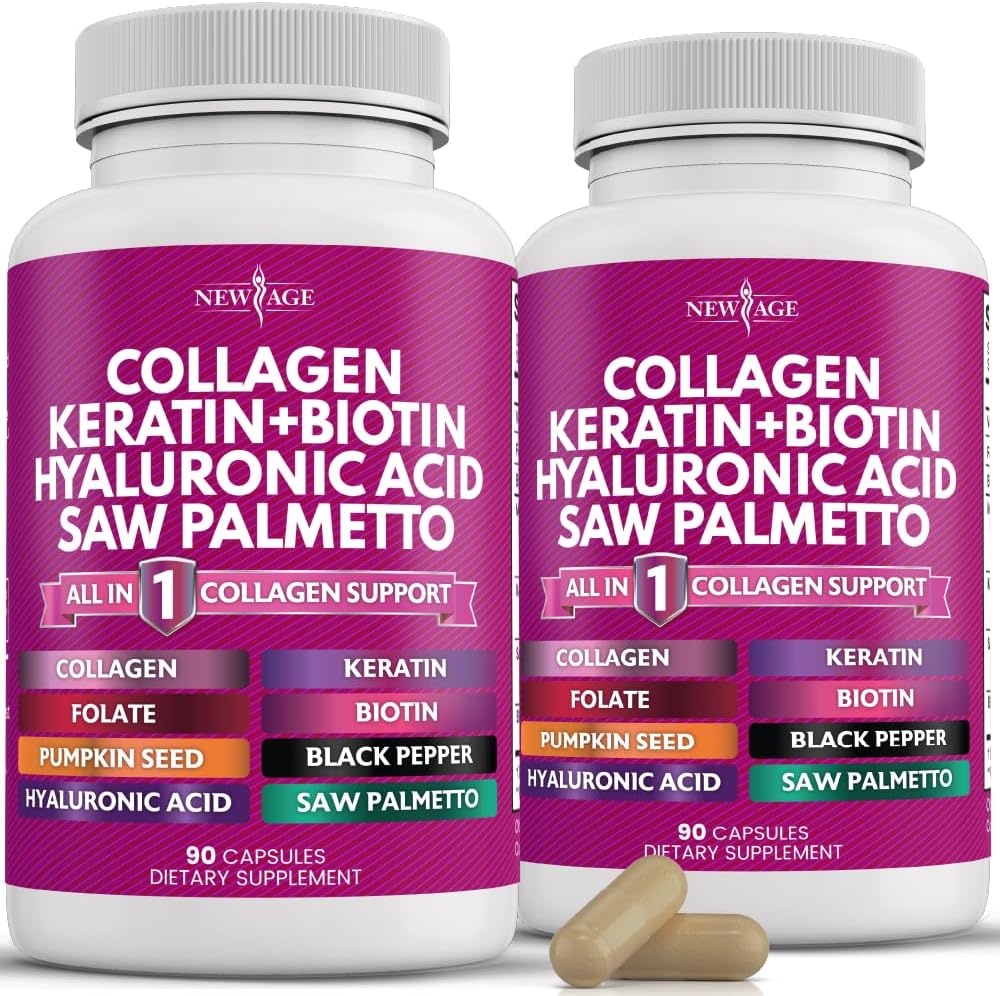 New Age multi collagen support dietary supplement bottle front view for hair growth