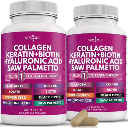 New Age multi collagen support dietary supplement bottle front view for hair growth