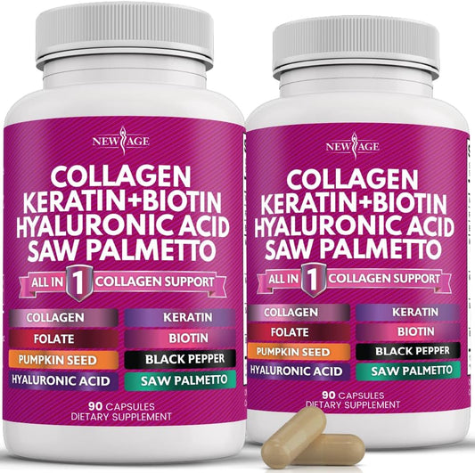 New Age multi collagen support dietary supplement bottle front view for hair growth