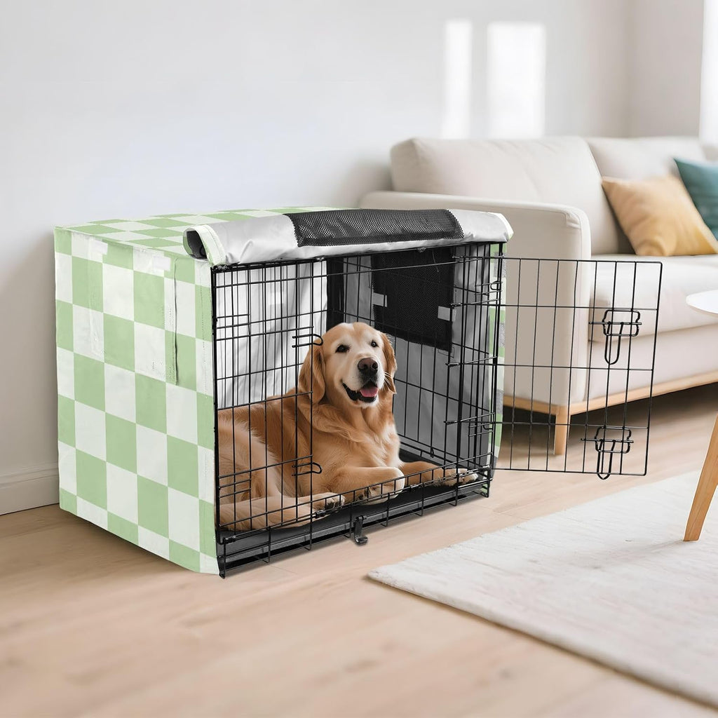 Stylish checkered pattern dog shelter accessory for modern home interiors.