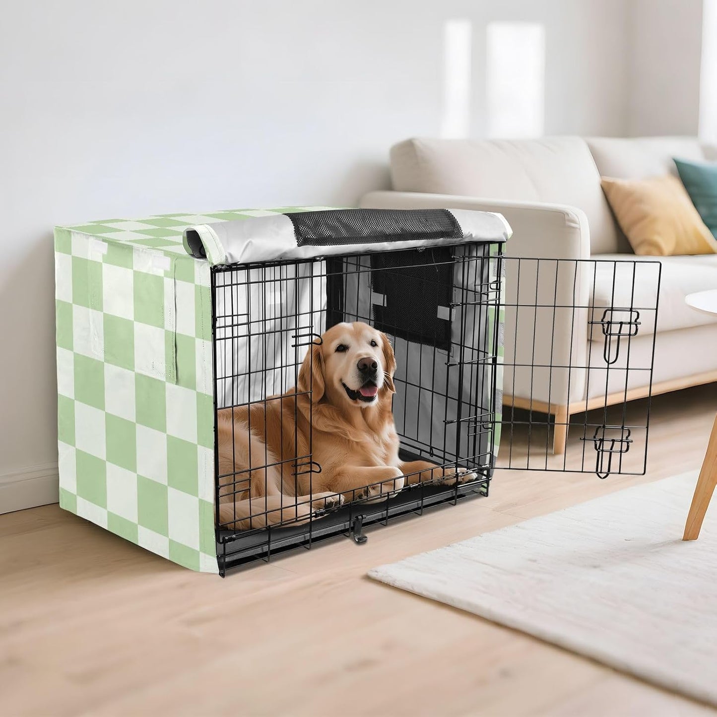 Stylish checkered pattern dog shelter accessory for modern home interiors.