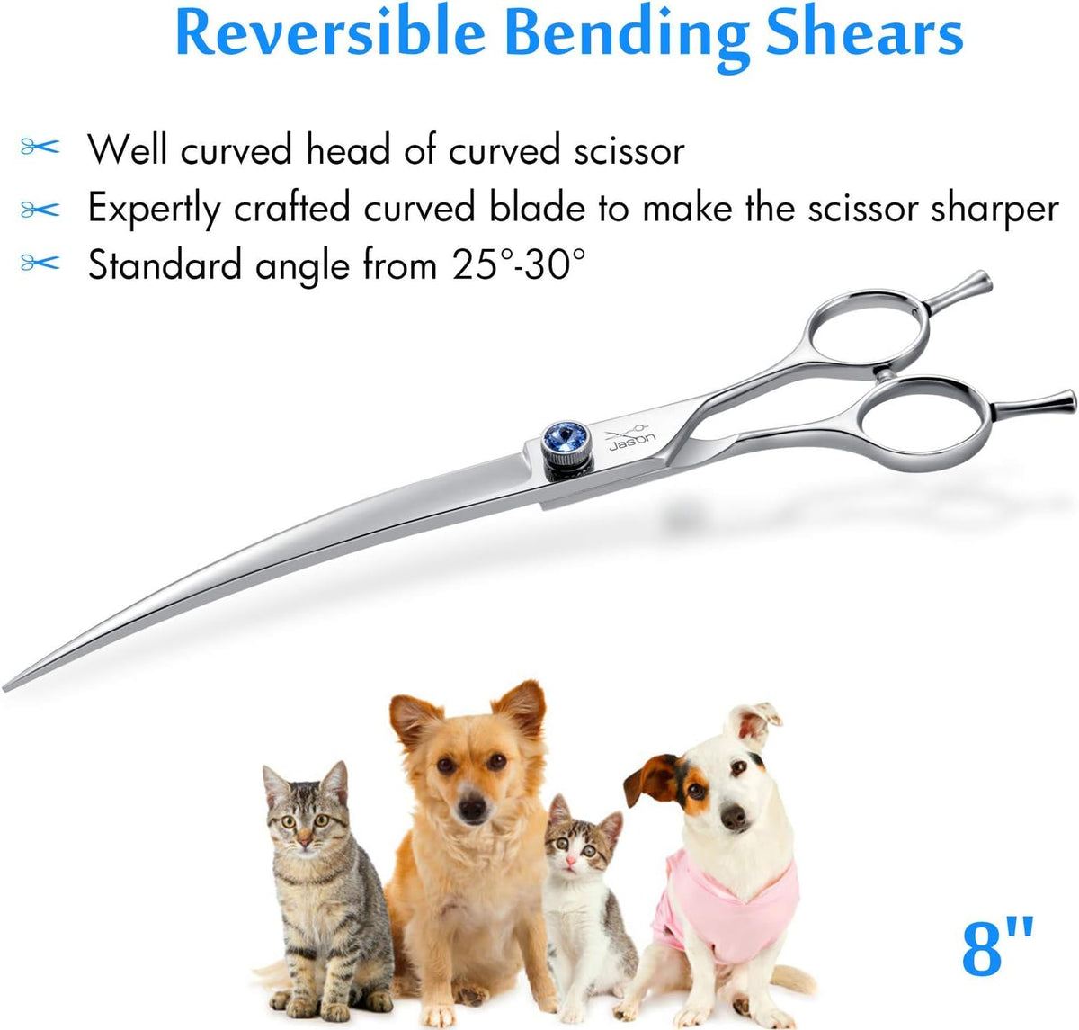 JASON pet trimming shears showing the ergonomic offset handle design