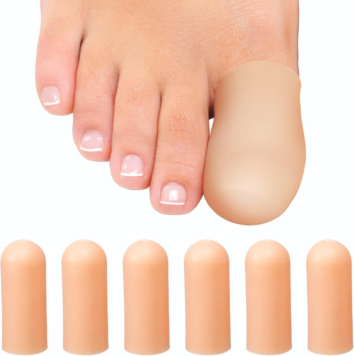 Homergy Soft Gel Toe Caps front view of 6 pack beige protectors