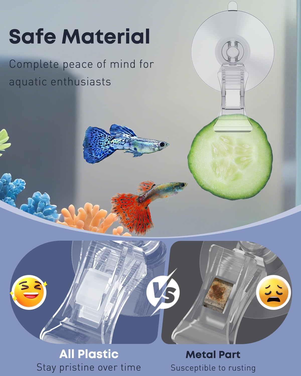 Pawfly transparent veggie feed holder attached to smooth aquarium glass side angle
