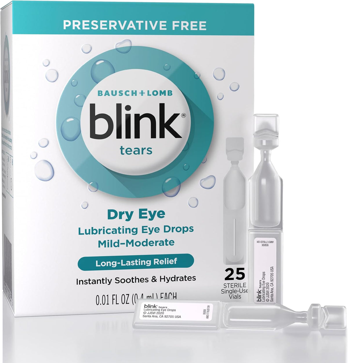 Blink Tears Preservative Free Lubricating Eye Drops front packaging showing 25 count vials.