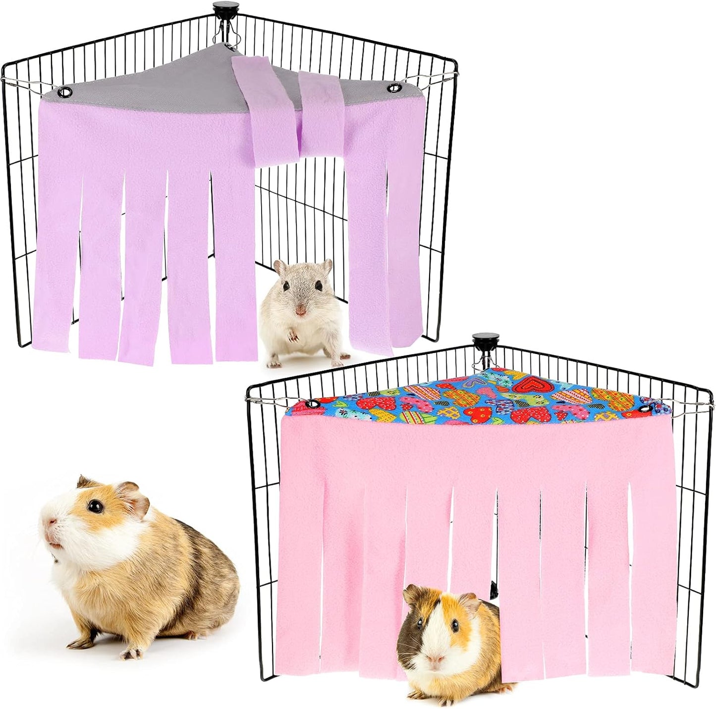 Shappy 2 Pcs Guinea Pig Hideout Hideaway Corner Fleece Toys Cage Accessories Cute Ferret Hammock for Ferrets Chinchillas Hedgehogs Small Pets(Grey with Pink, Grey with Purple, Heart-Shape) - Image 1