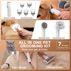 Seven included tool attachments for the HEAPETS dog grooming kit arranged neatly on a surface.