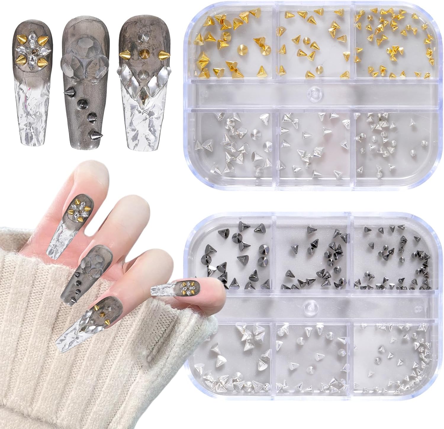 Qulkws 3D Goth Nail Art Studs front view in boxes